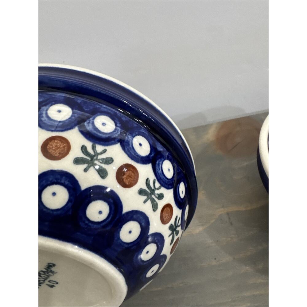 Polish Pottery Bowl- Set Of 2- Blue/White Nature 6in Wide/2.5in Tall Stackable - Picture 8 of 12